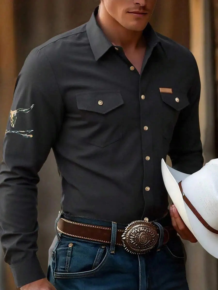 Men's Western Style Long Sleeve Casual Shirt with Skull Embroidery