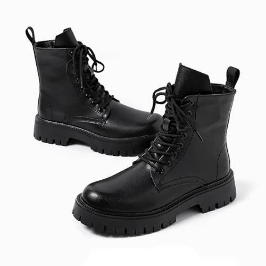 Men'S Black Patent Leather Platform Combat Boots Fashion Side Zipper Wide Toe Lace Up Chunky Lug Sole High Top Motorcycle Boots