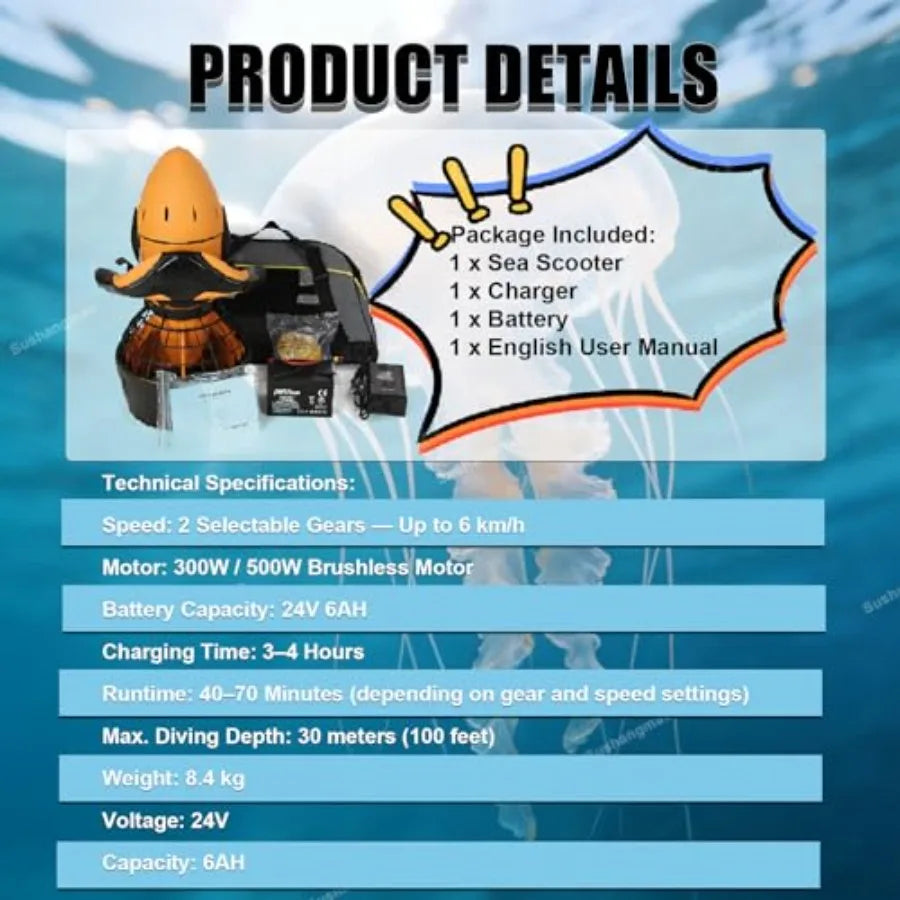 Underwater Thruster Set for Snorkeling, Lightweight Diving Gear with 500W Brushless Motor, 3.7mph Dual Speed Water Propulsion,