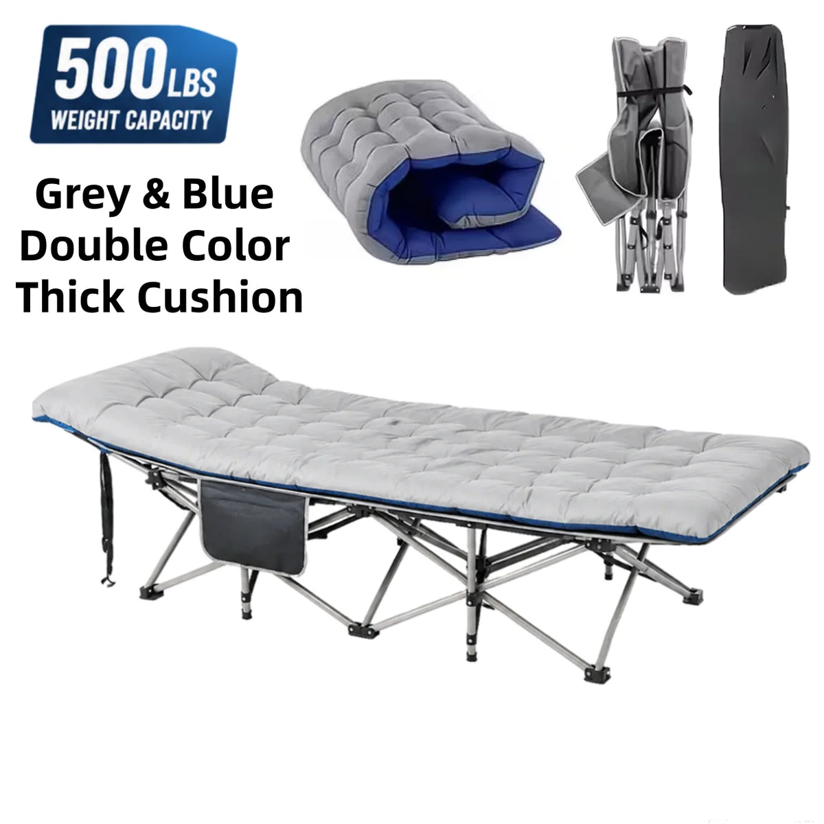 Portable Folding Camping Cot with Thick Mattress and Side Pocket