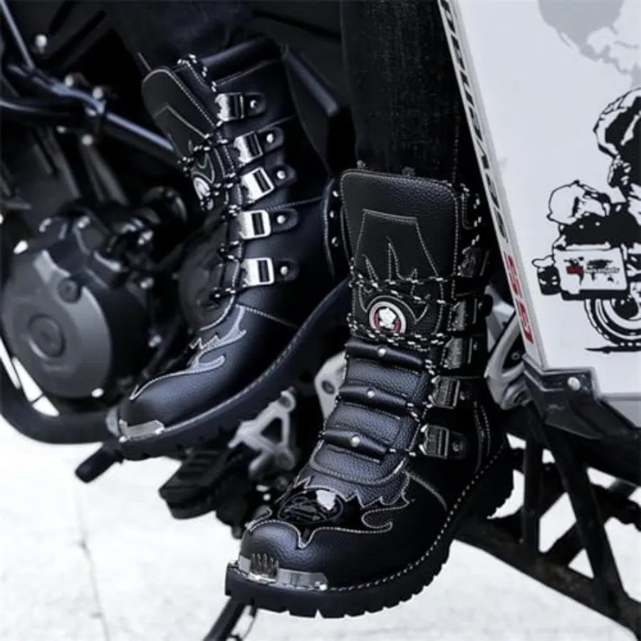 Men S Black Genuine Leather Combat Boots Gothic Skull Style Punk Style Motorcycle Boots Thin Strap High Top Combat Boots Suitab