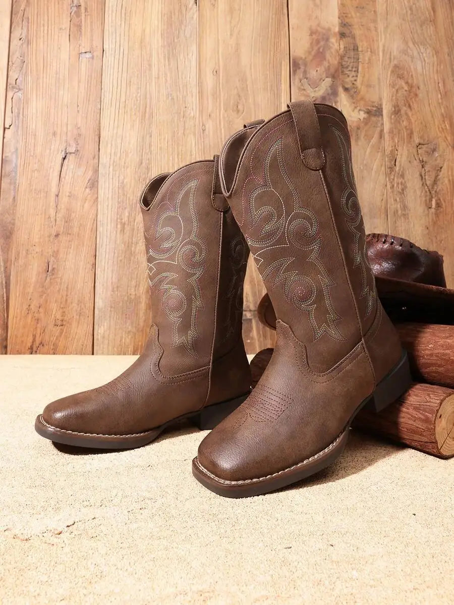 Women's Embroidered Square Toe Western Cowboy Boots With Low Heel