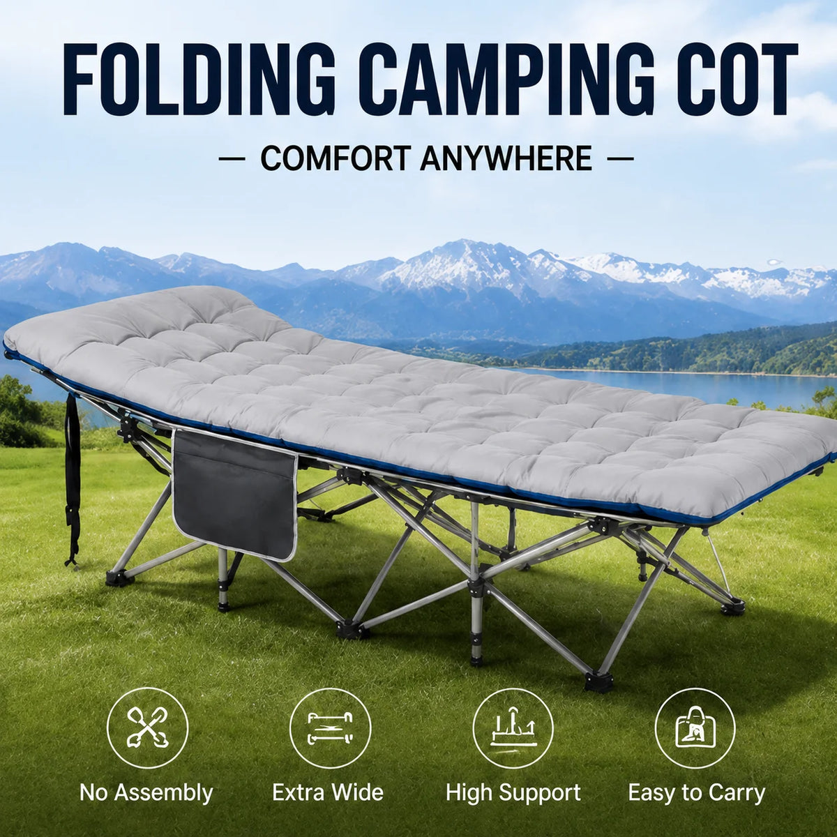 Portable Folding Camping Cot with Thick Mattress and Side Pocket