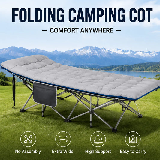 Portable Folding Camping Cot with Thick Mattress and Side Pocket