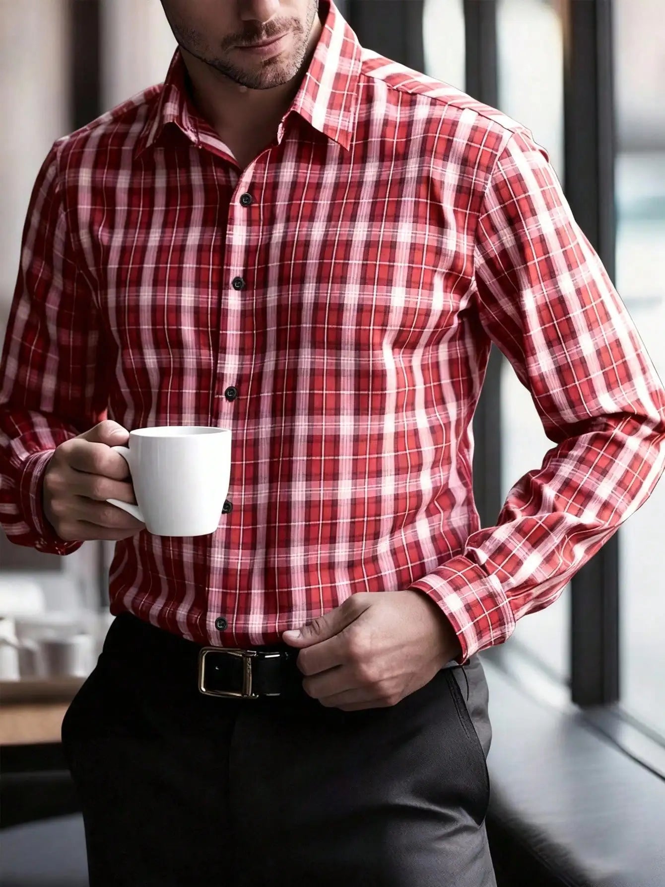 Men's Red White Plaid Long Sleeve Casual Western Shirt, Fall Winter Wear