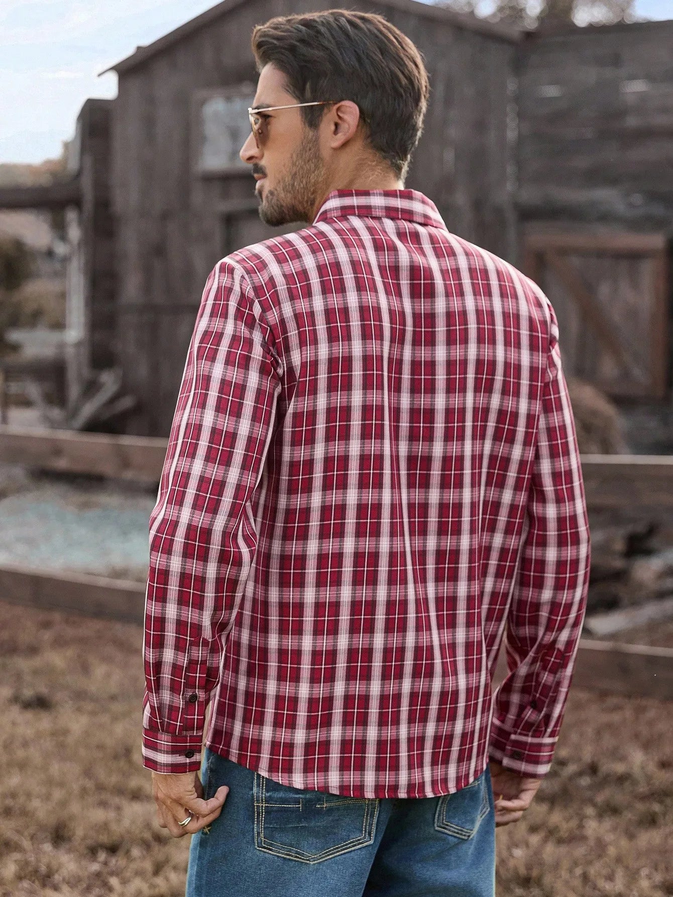 Men's Red White Plaid Long Sleeve Casual Western Shirt, Fall Winter Wear