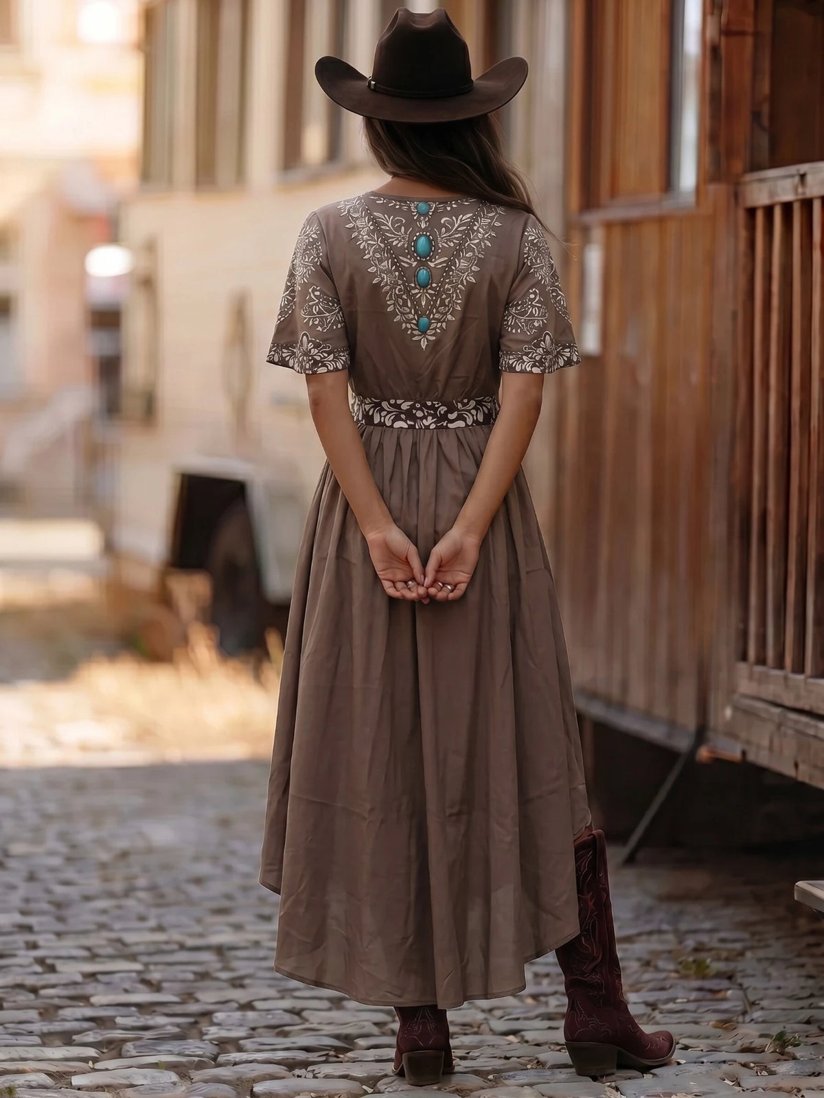 Western Women Embroidered V Neck Midi Dress High Low Hem