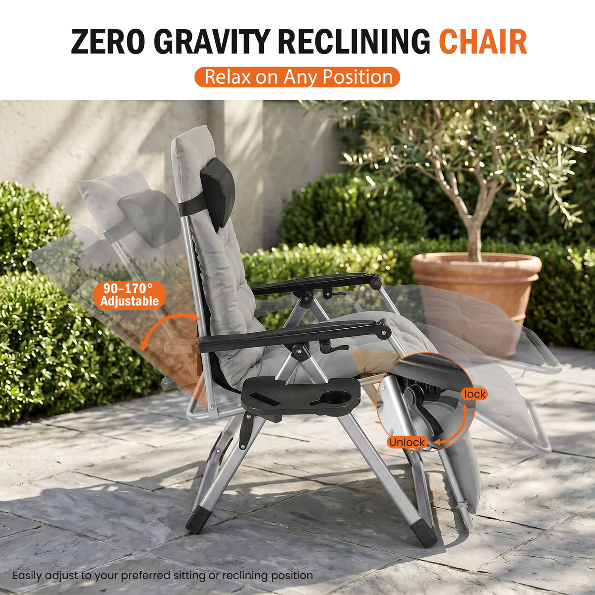 JHK Zero Gravity Outdoor Recliner with Cushion and Cup Holders