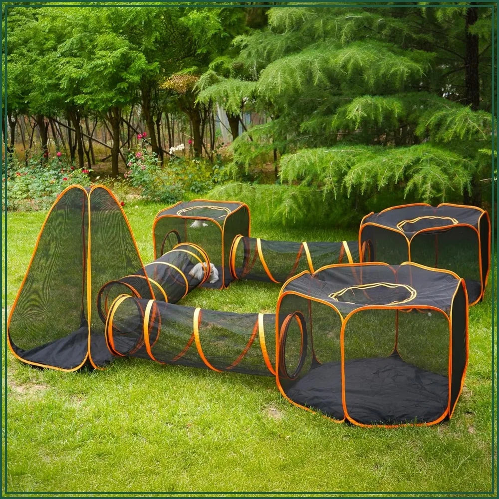 7-in-1 Outdoor Cat Enclosure, Foldable Pop-Up Mesh Playpen Tunnel for Pet Run, Outside Enclosed Tent Cage for Small Dogs, Rabbit