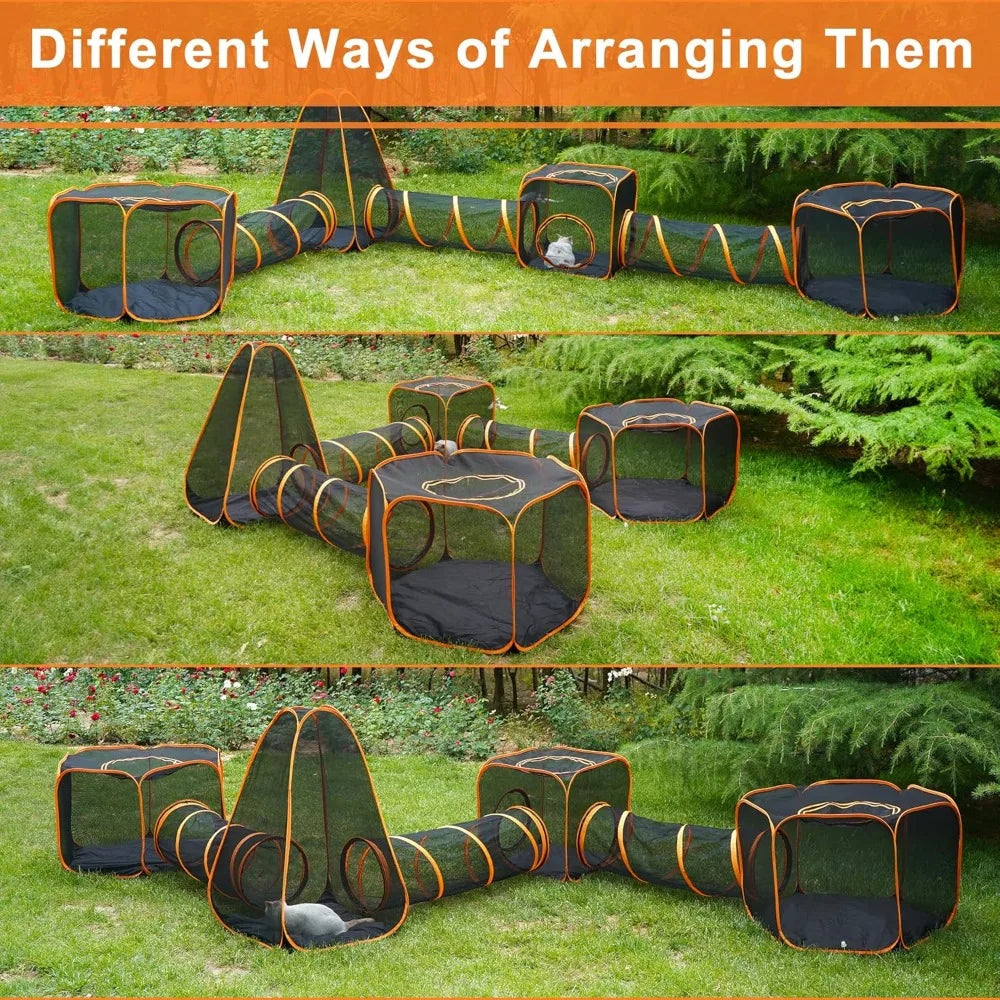 7-in-1 Outdoor Cat Enclosure, Foldable Pop-Up Mesh Playpen Tunnel for Pet Run, Outside Enclosed Tent Cage for Small Dogs, Rabbit