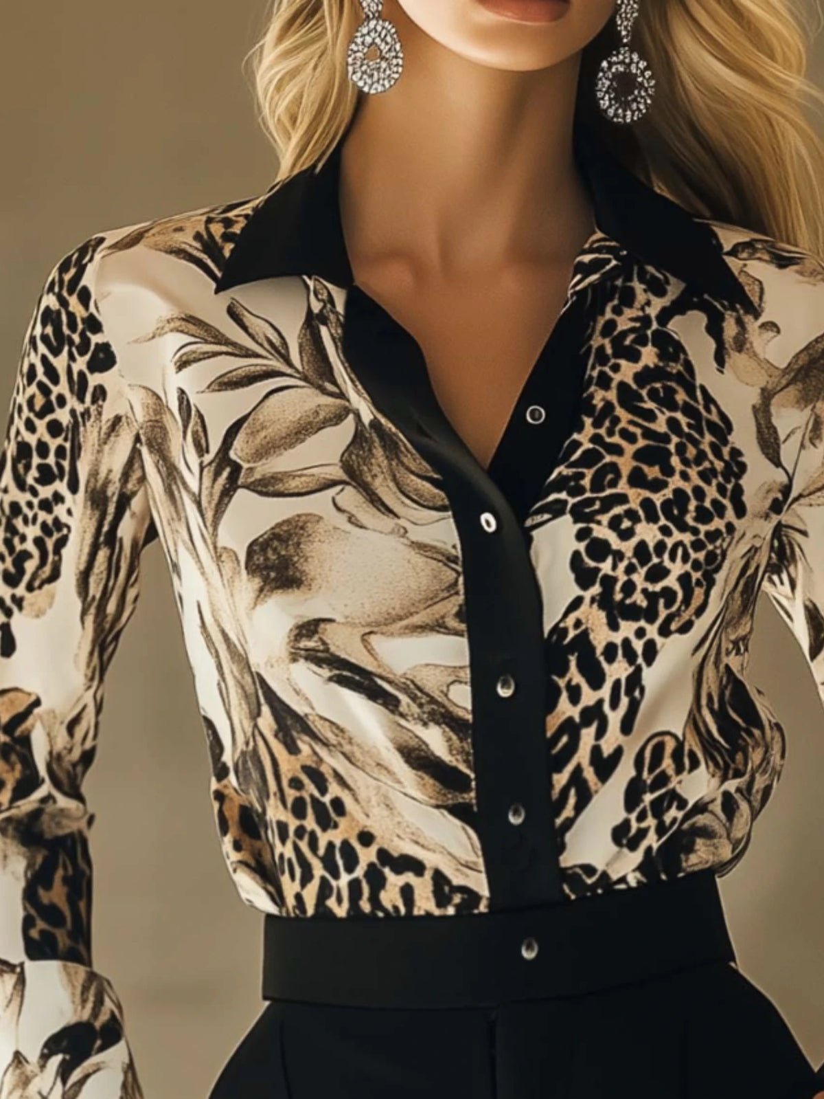Contrast Collar Long Sleeve Polyester Casual Women Blouse