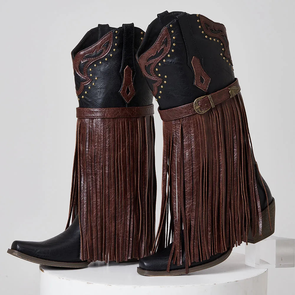 Farm Ou Western Embroidered Cowgirl Boots Fringe Knee High
