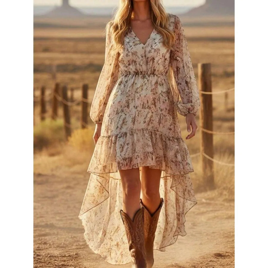 【New style】Women's Boho Floral High Low Dress, V Neck Long Sleeve Ruffle Hem Chiffon Dress, Western Cowgirl Outfit, Wedding Gue