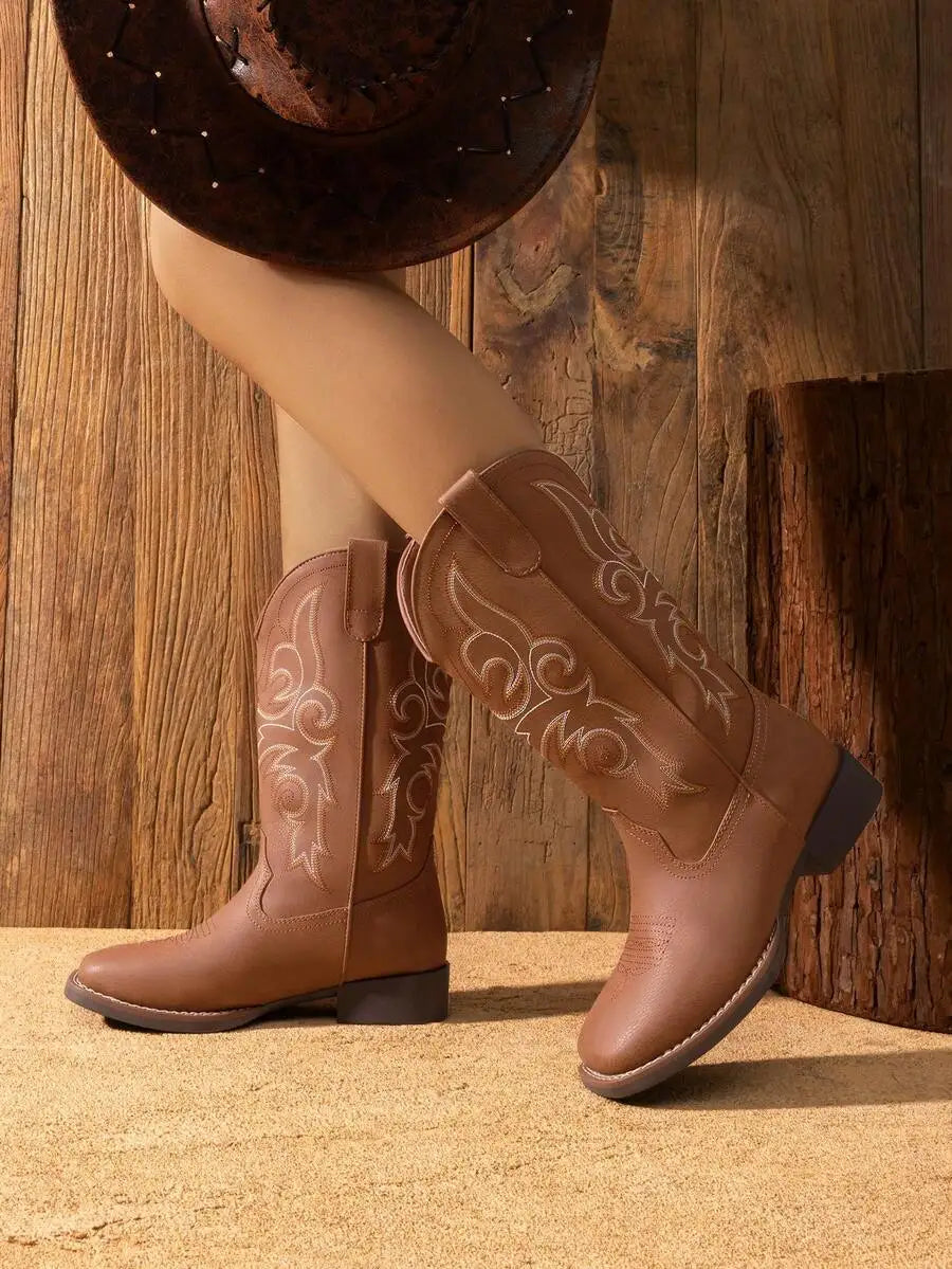 Women's Embroidered Square Toe Western Cowboy Boots With Low Heel