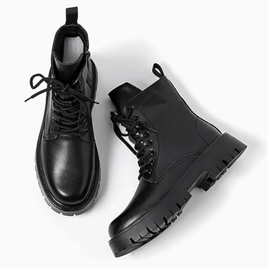 Men'S Black Patent Leather Platform Combat Boots Fashion Side Zipper Wide Toe Lace Up Chunky Lug Sole High Top Motorcycle Boots