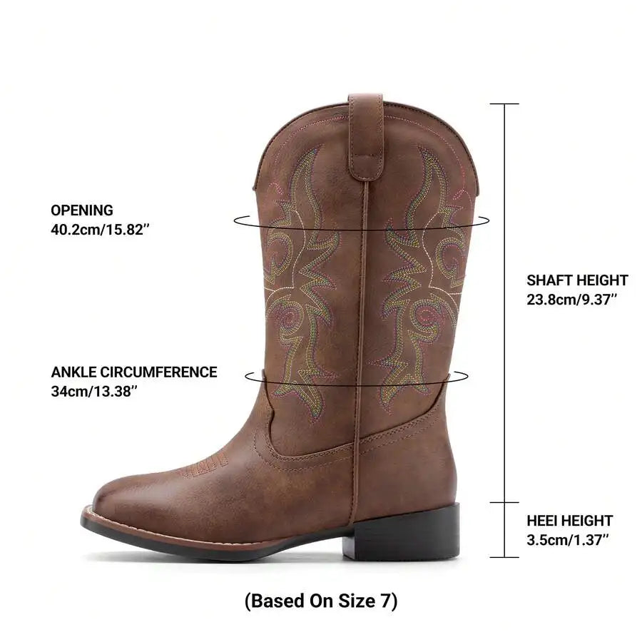Women's Embroidered Square Toe Western Cowboy Boots With Low Heel