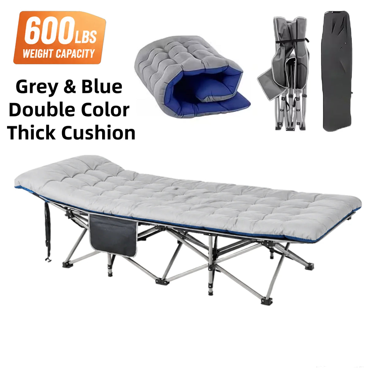 Portable Folding Camping Cot with Thick Mattress and Side Pocket