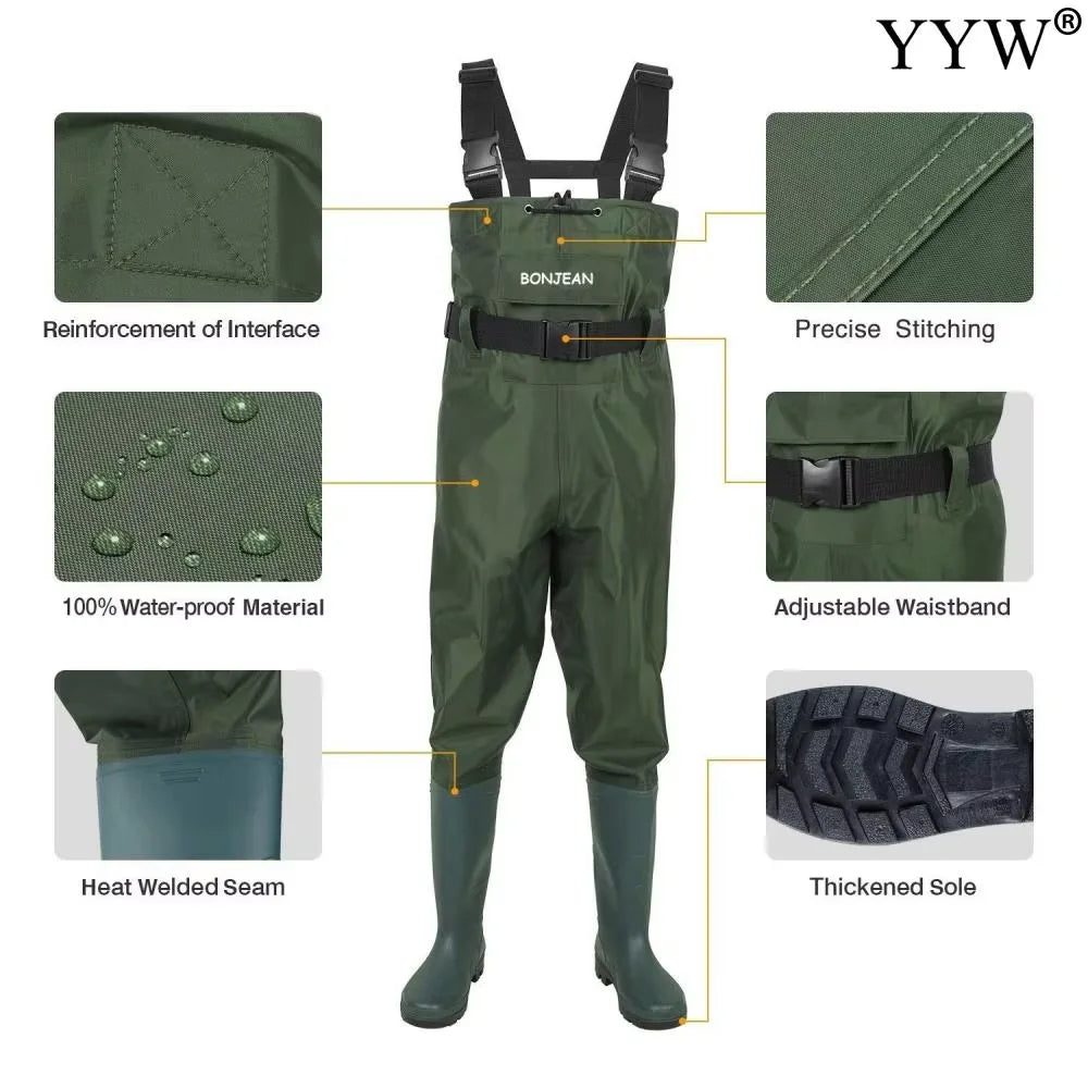 Unisex Waterproof Fishing Waders Pants With Boots Chest Length Kit