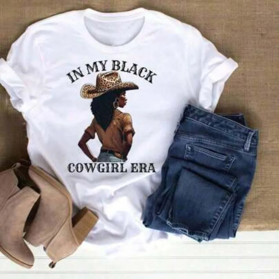 【New style】2026summer Tops2026Black Cowgirl Shirt African American Cowgirl Tee Black Western Wear Leopard Cowboy Hat Black Rode