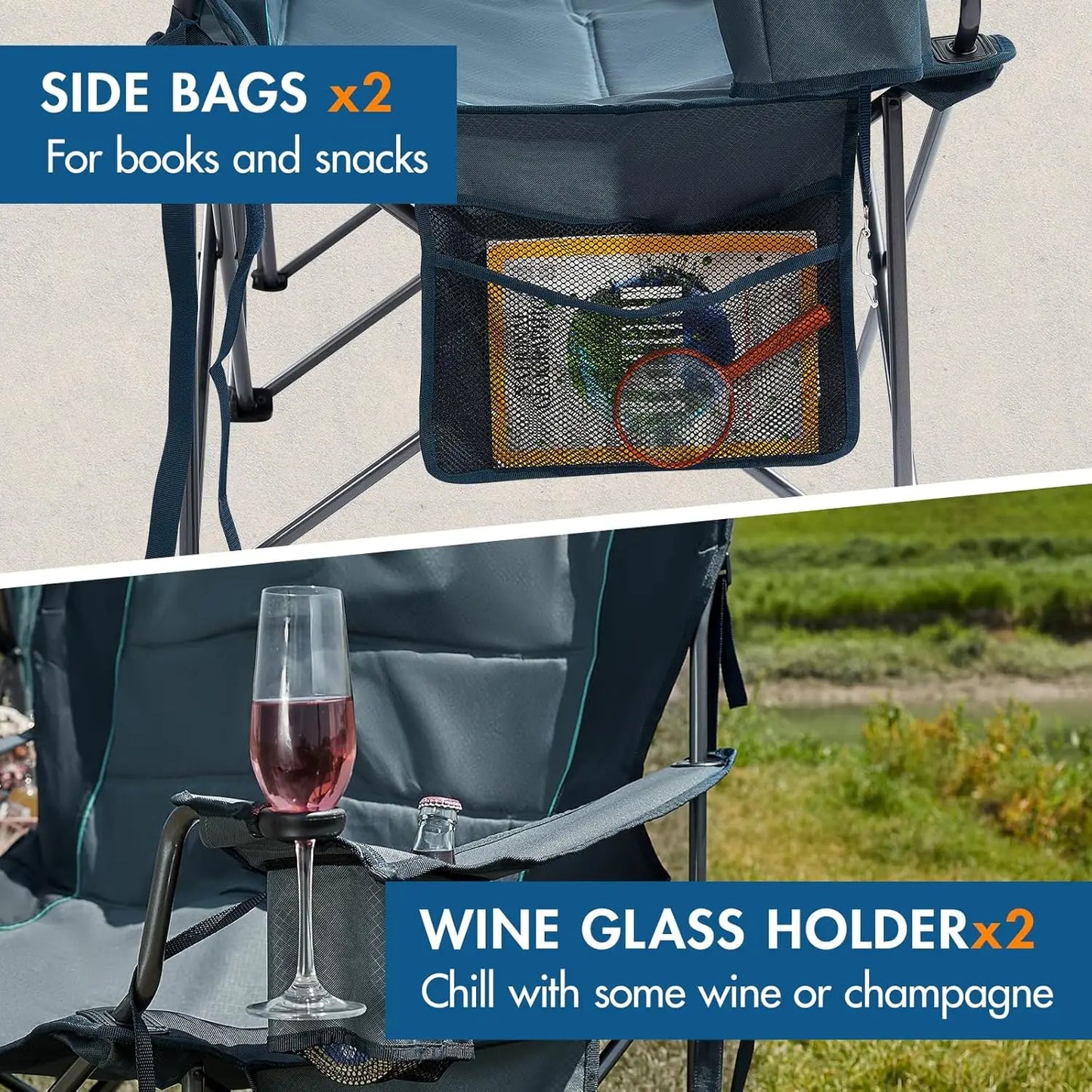 Oversized Double Camping Chair With Wine Glass Holder Supports 600LBS