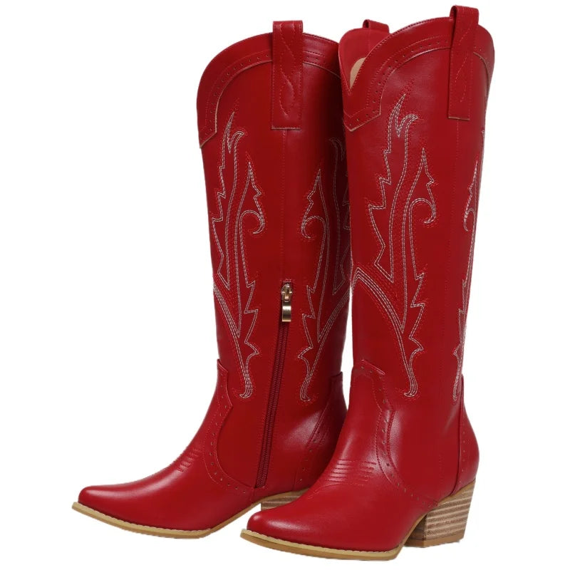 Women Western Cowboy Boots Featuring Embroidery And Block Heel