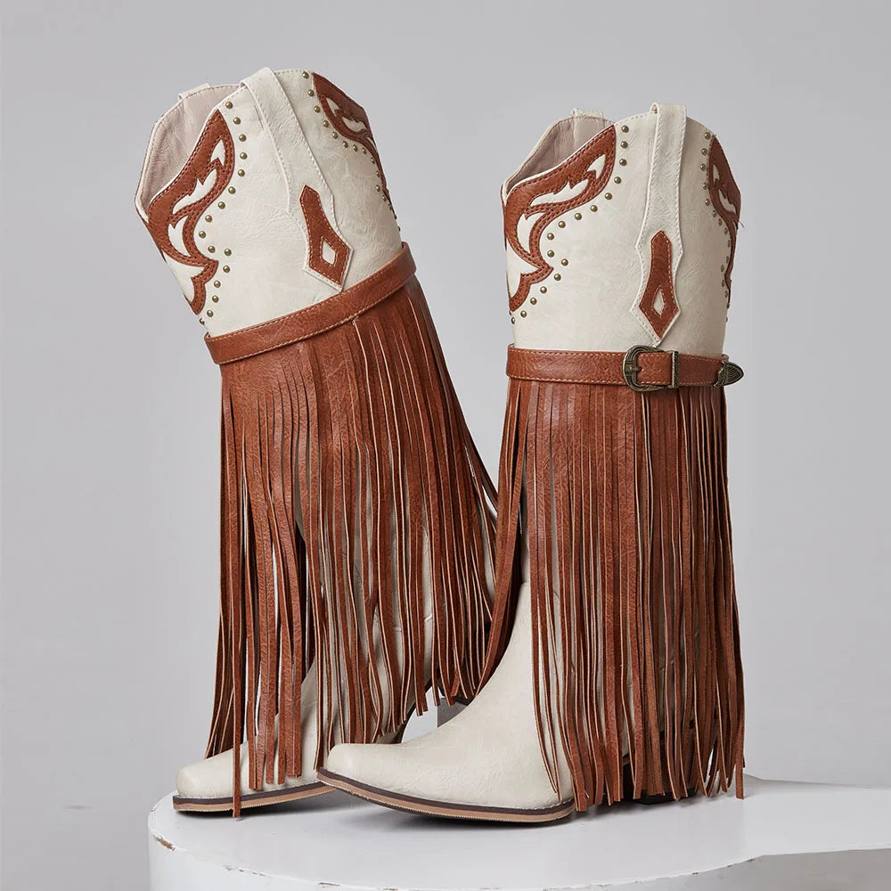 Farm Ou Western Embroidered Cowgirl Boots Fringe Knee High