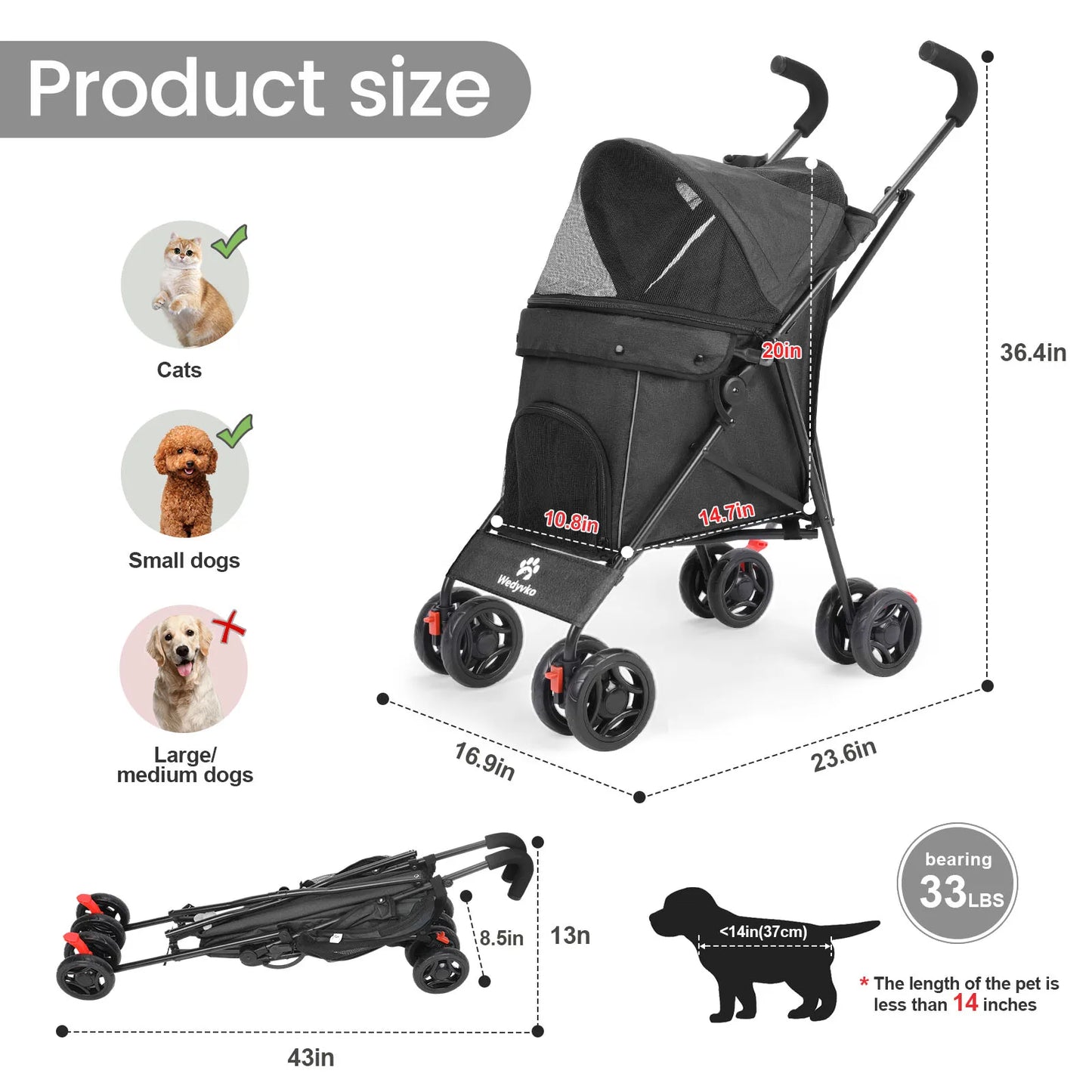 Wedyvko Pet Dog Stroller 4 Wheels With Brakes For Travel