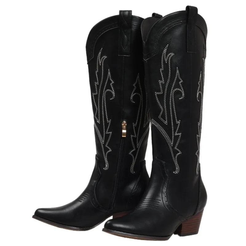Women Western Cowboy Boots Featuring Embroidery And Block Heel