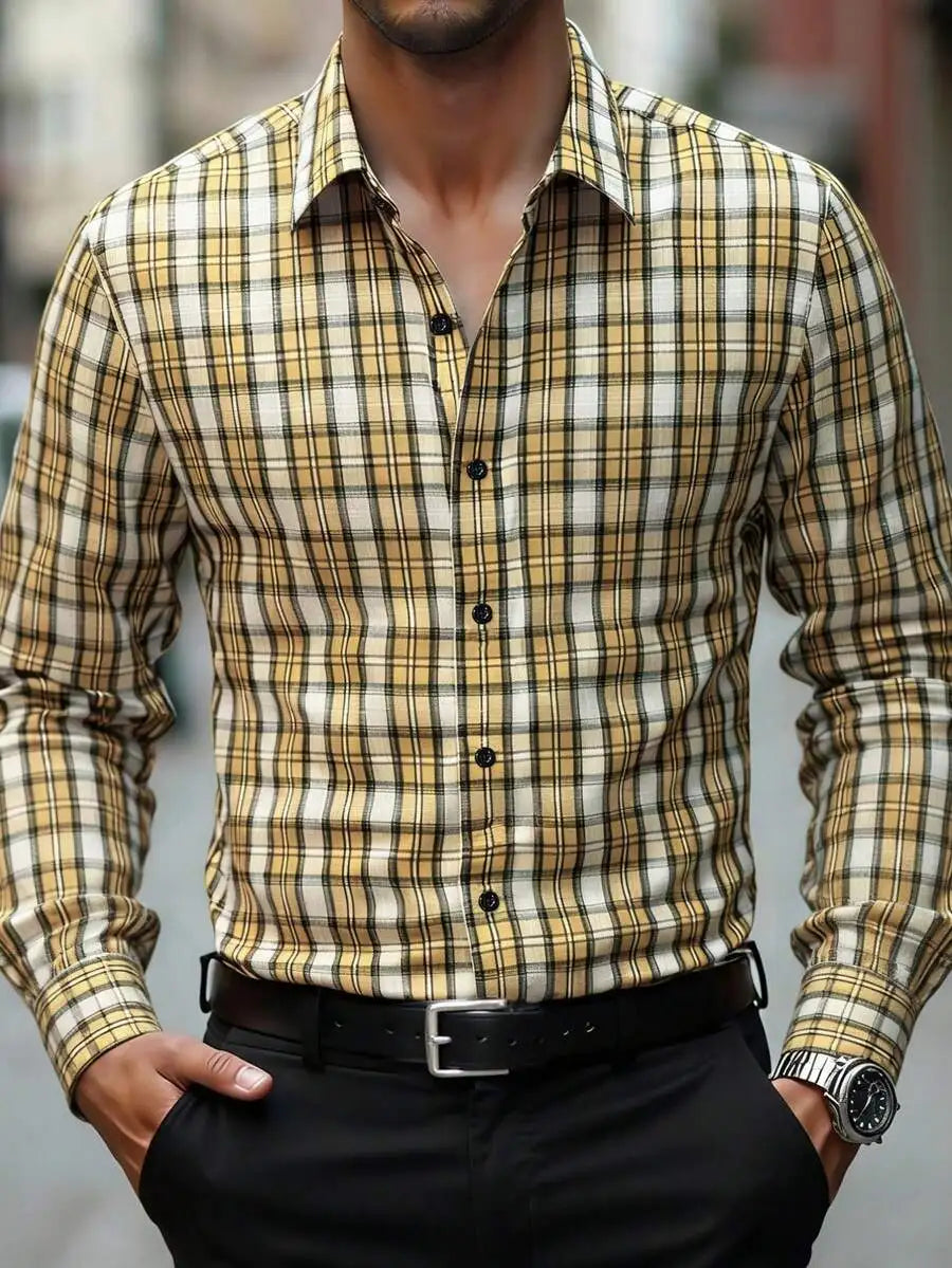 Men's Red White Plaid Long Sleeve Casual Western Shirt, Fall Winter Wear