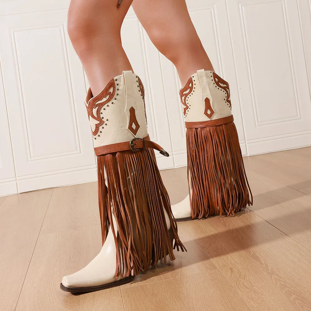 Farm Ou Western Embroidered Cowgirl Boots Fringe Knee High