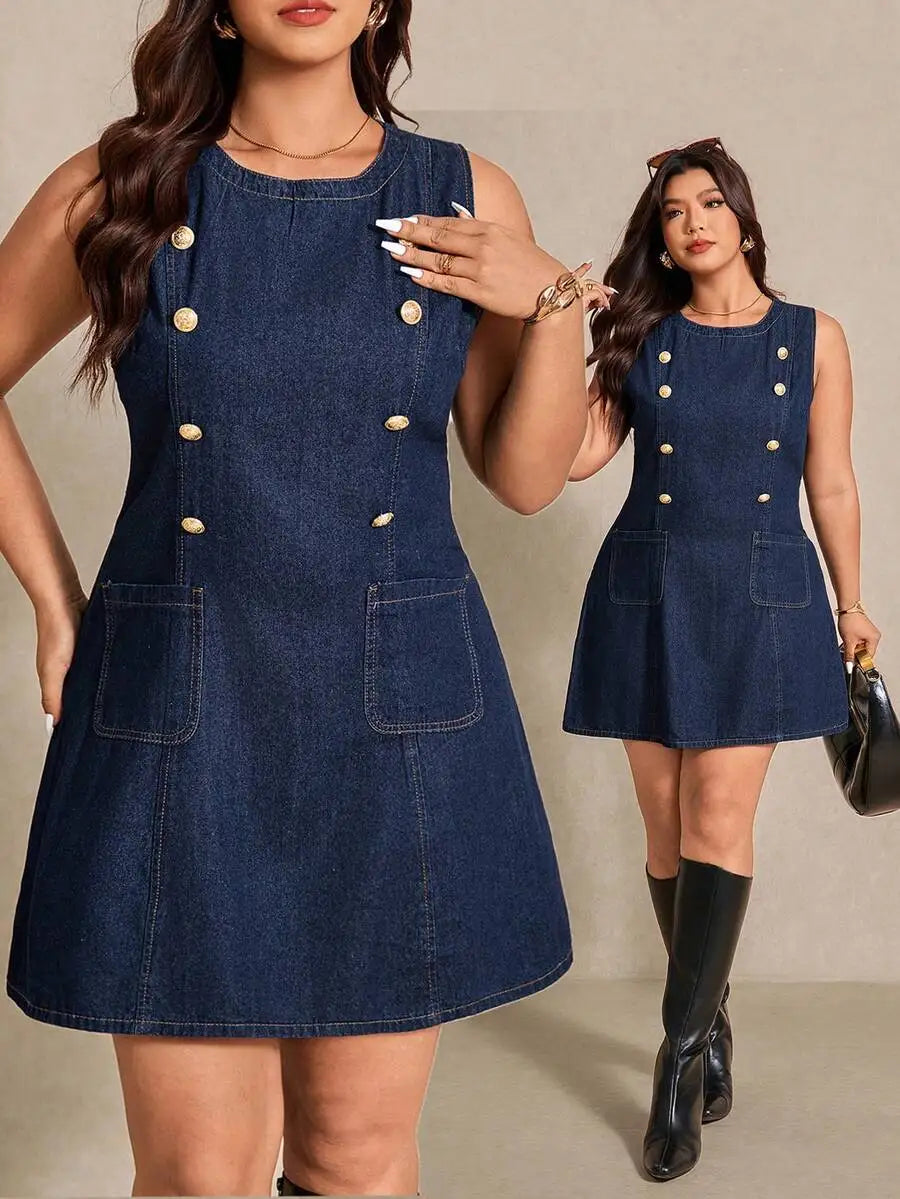 Elaquor Plus-Size Blue Denim Sleeveless Dress With Metal Buckle Embellishments, French-Style Elegant Dress.Formal Dress,Summer