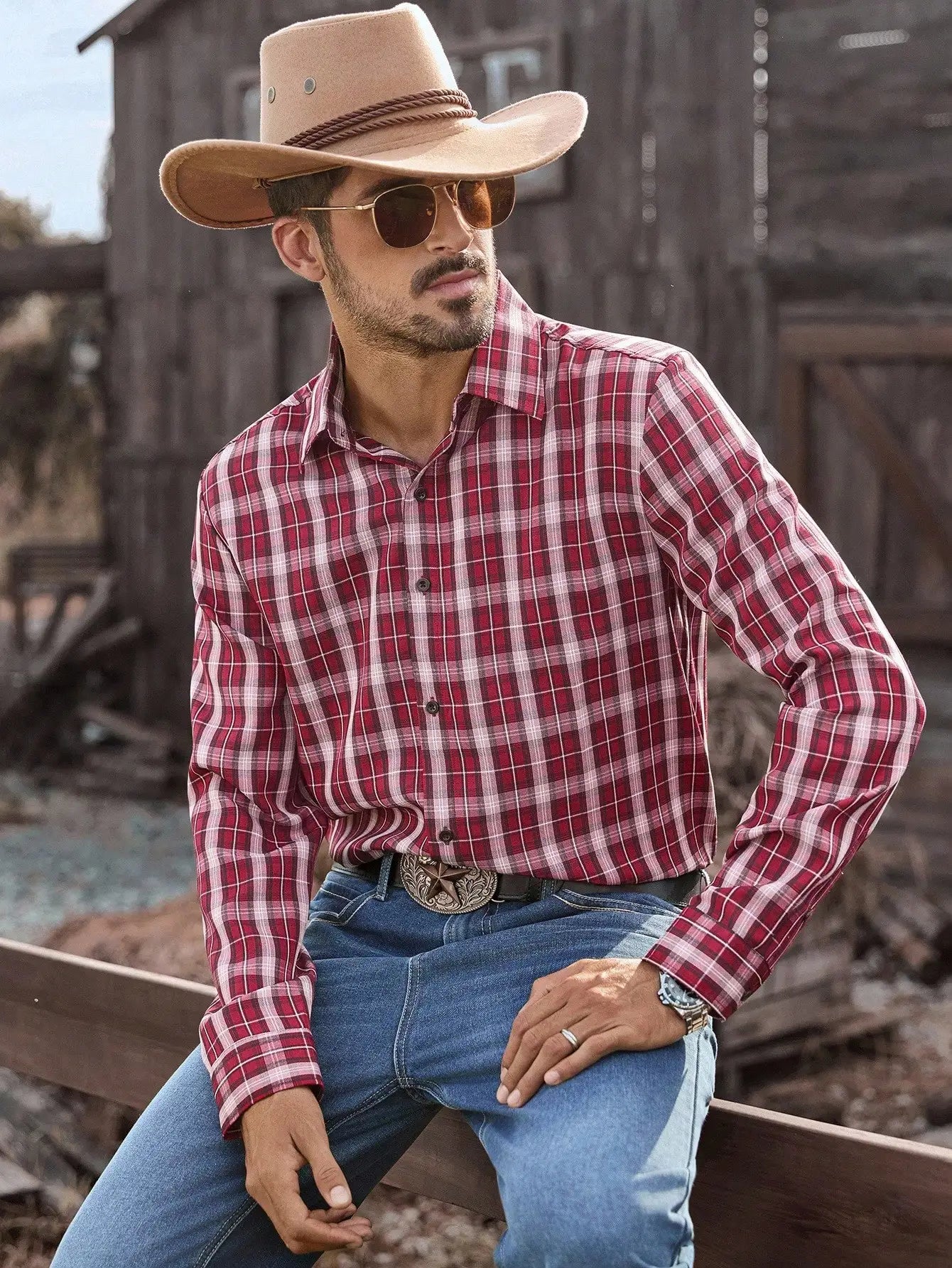 Men's Red White Plaid Long Sleeve Casual Western Shirt, Fall Winter Wear