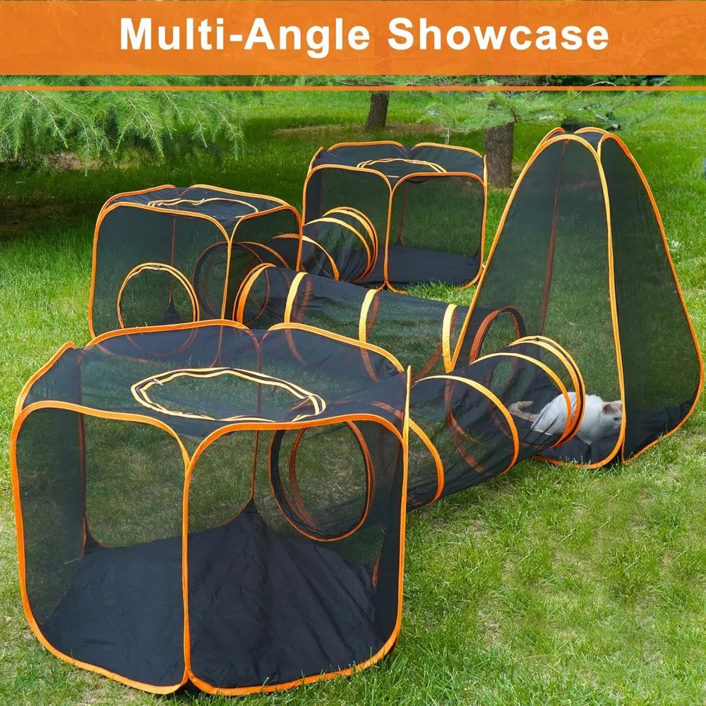 7-in-1 Outdoor Cat Enclosure, Foldable Pop-Up Mesh Playpen Tunnel for Pet Run, Outside Enclosed Tent Cage for Small Dogs, Rabbit