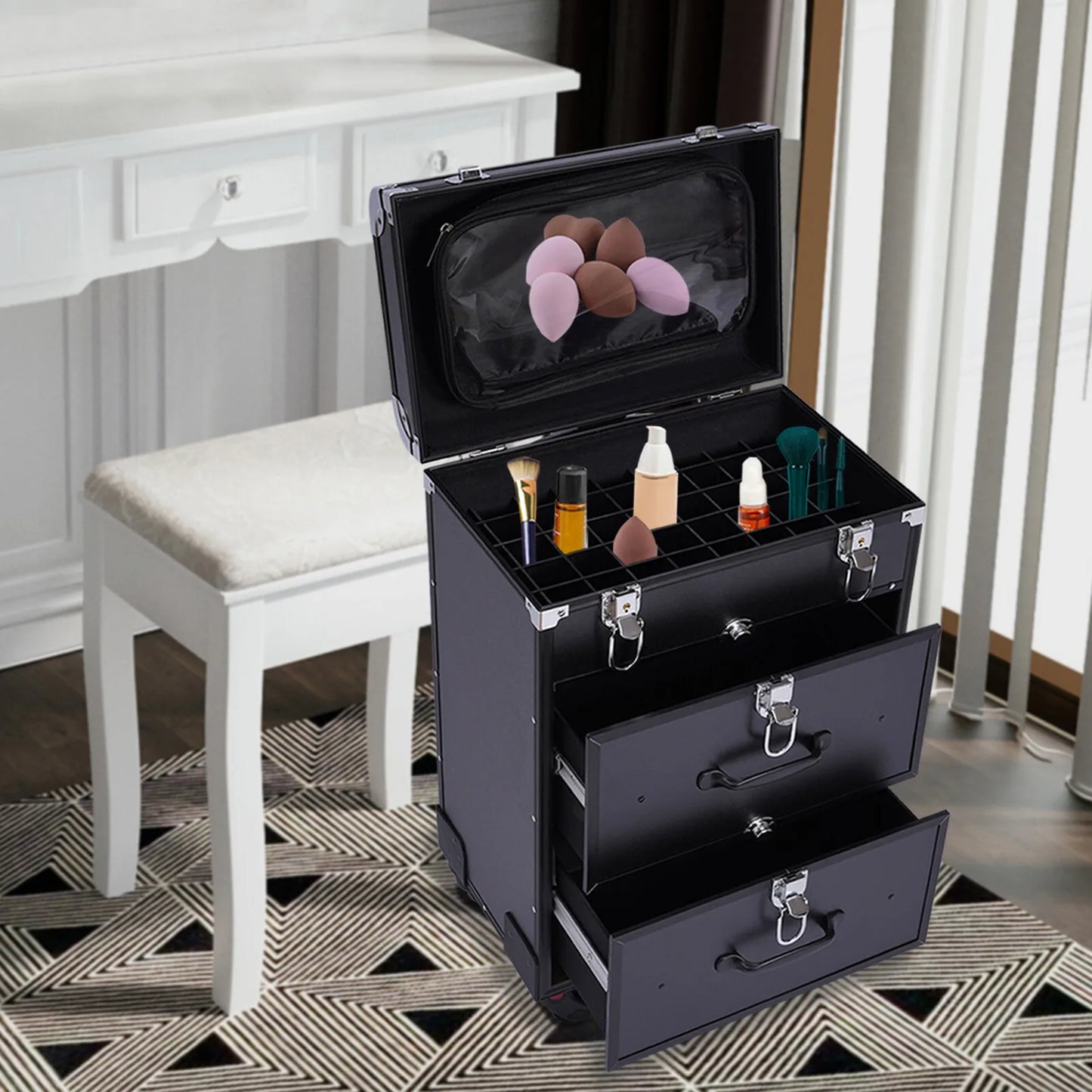 Rolling Makeup Train Case With Dividers And Lock For Travel
