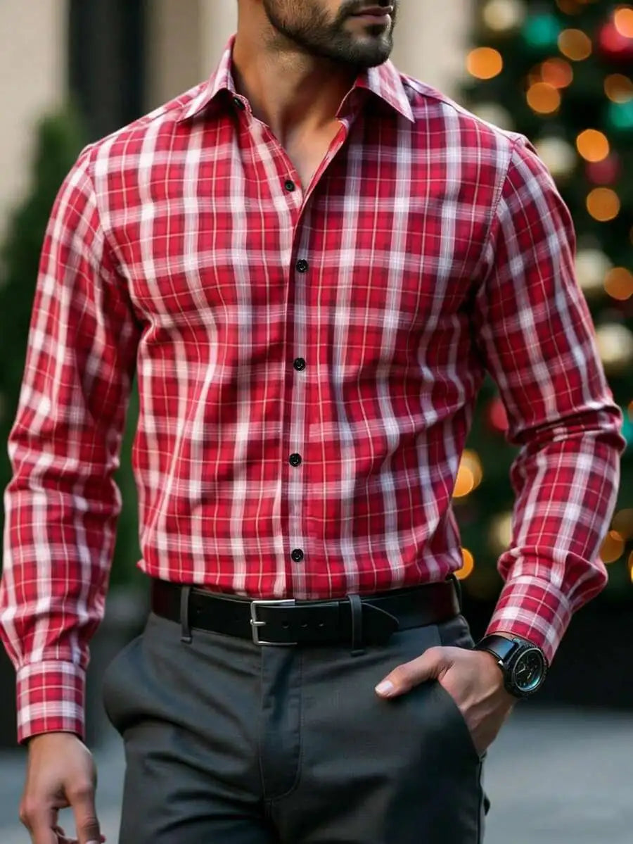 Men's Red White Plaid Long Sleeve Casual Western Shirt, Fall Winter Wear