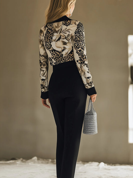 Contrast Collar Long Sleeve Polyester Casual Women Blouse