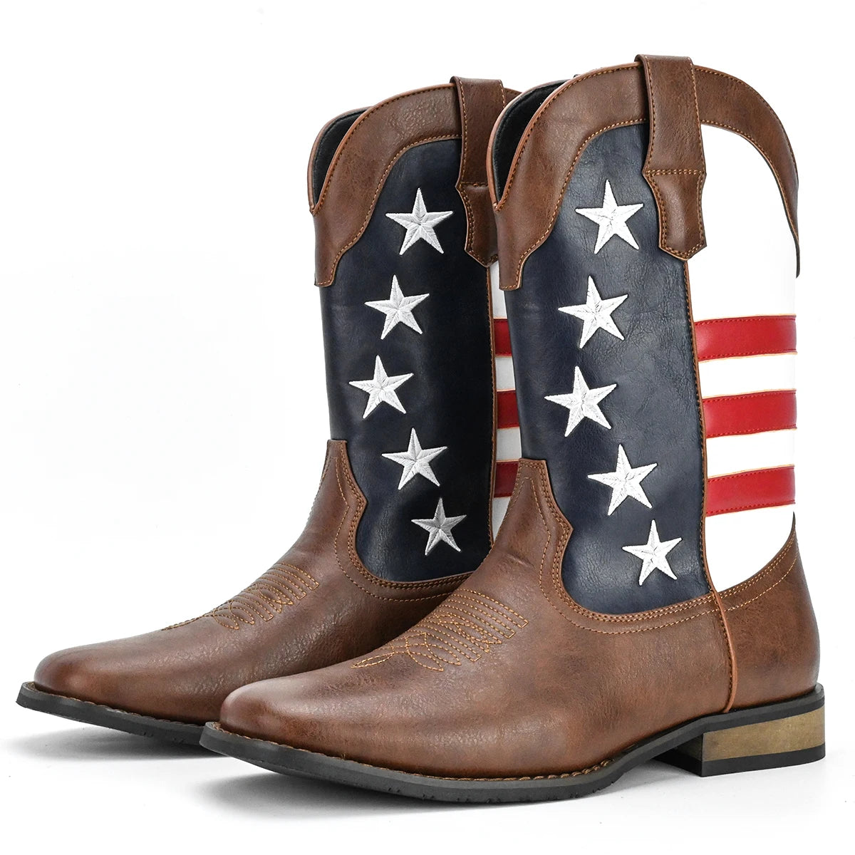 Men's Trendy High Top Cowboys Boots With Stars And Stripes Pattern, Non Slip Comfy Durable Shoes For Outdoor Traveling Walking