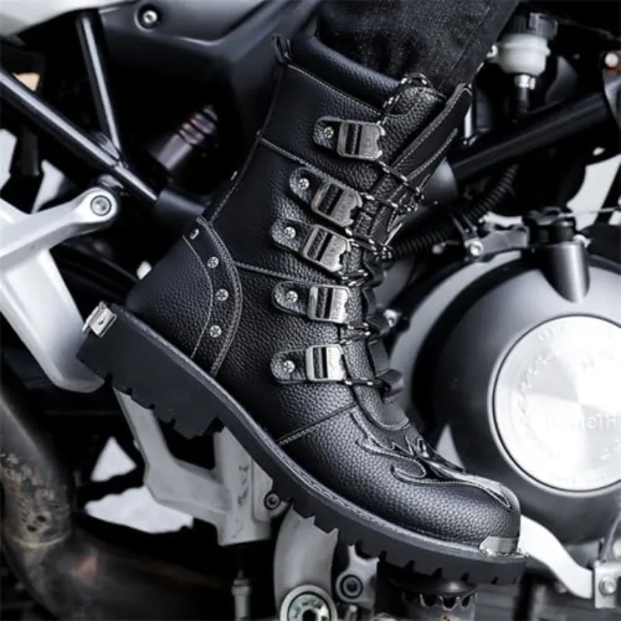 Men S Black Genuine Leather Combat Boots Gothic Skull Style Punk Style Motorcycle Boots Thin Strap High Top Combat Boots Suitab