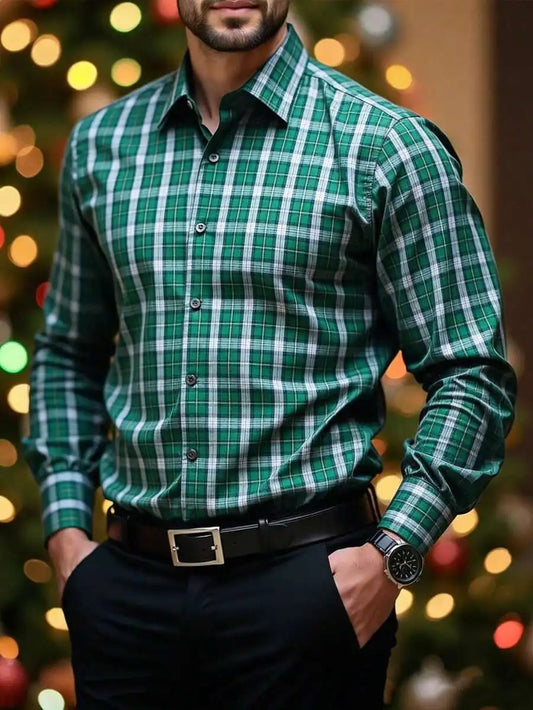 Men's Red White Plaid Long Sleeve Casual Western Shirt, Fall Winter Wear