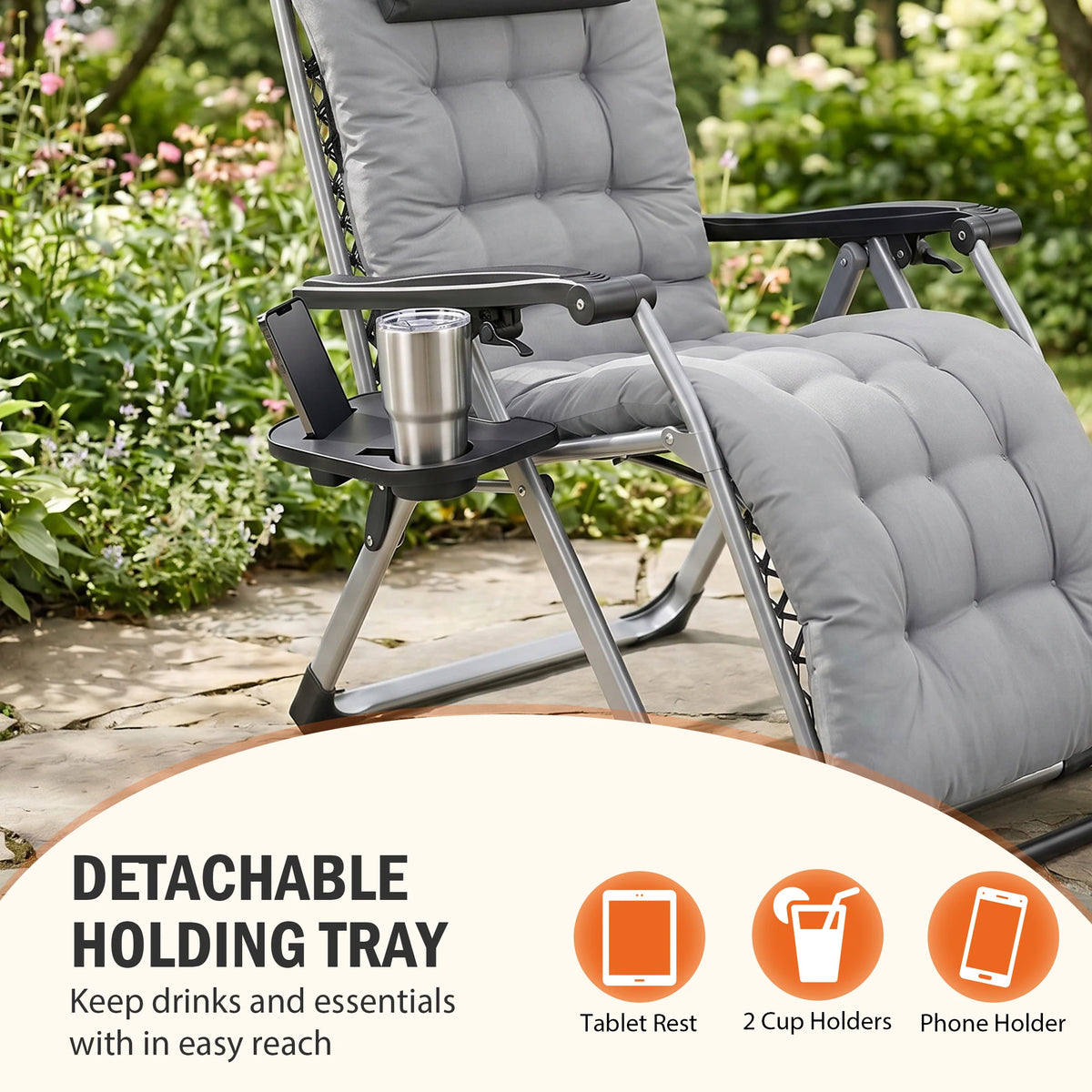 JHK Zero Gravity Outdoor Recliner with Cushion and Cup Holders