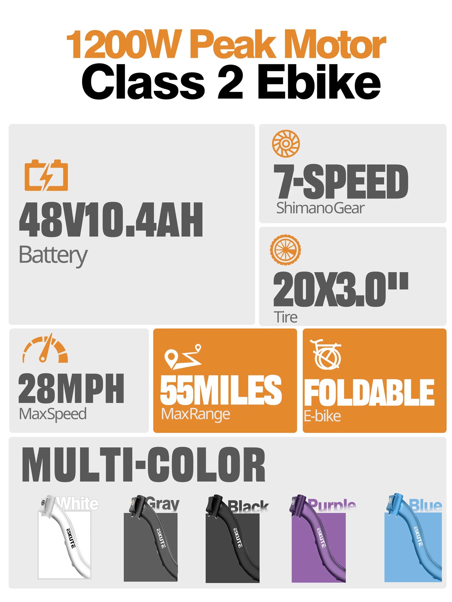 ESKUTE D200 Foldable Electric Bike 1200W Peak Motor 48V Battery