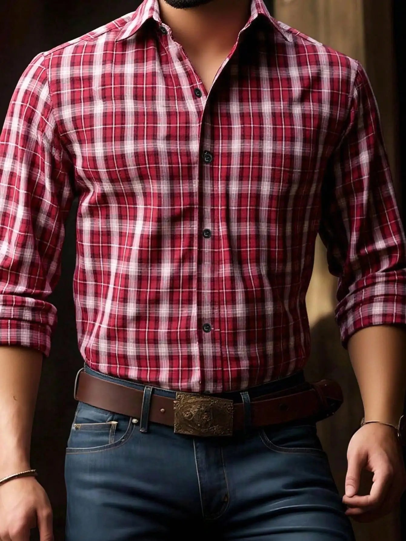 Men's Red White Plaid Long Sleeve Casual Western Shirt, Fall Winter Wear