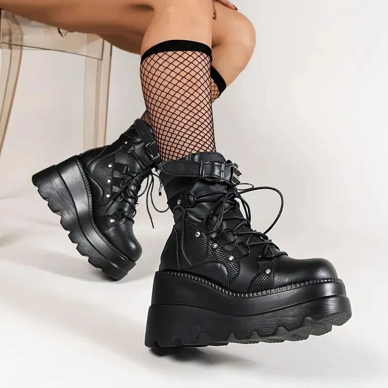 GIGIFOX Womens Goth Cosplay Wedge Combat Ankle Boots