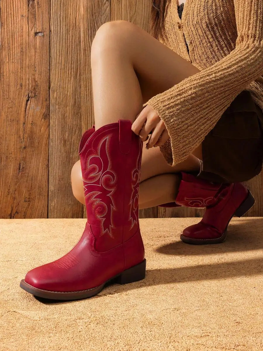 Women's Embroidered Square Toe Western Cowboy Boots With Low Heel