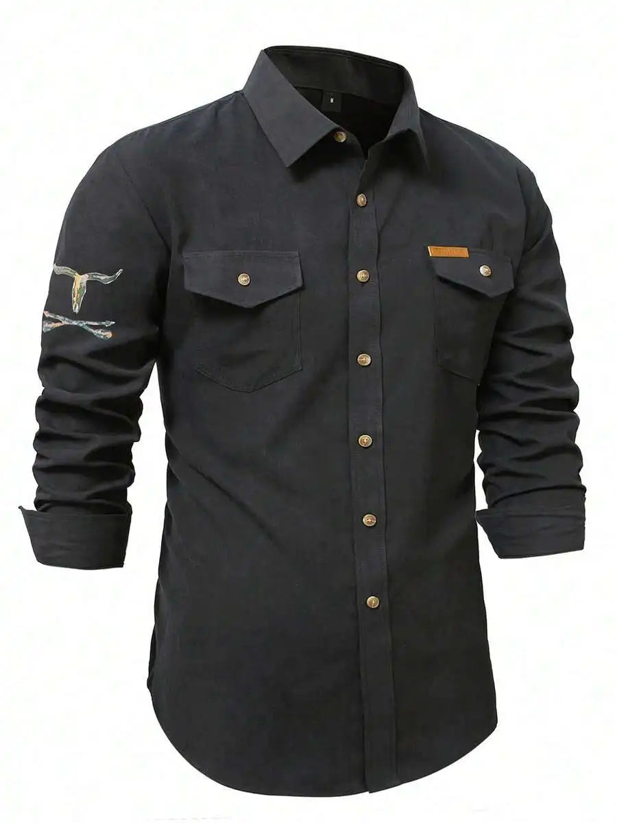 Men's Western Style Long Sleeve Casual Shirt with Skull Embroidery