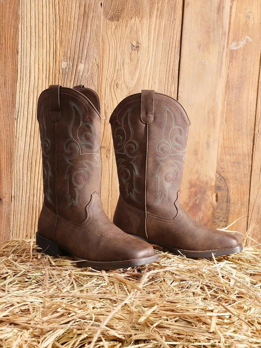 Women's Embroidered Square Toe Western Cowboy Boots With Low Heel