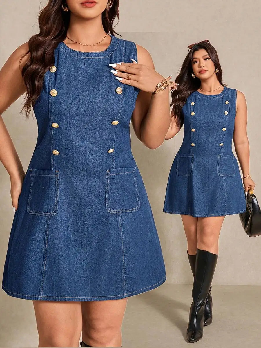 Elaquor Plus-Size Blue Denim Sleeveless Dress With Metal Buckle Embellishments, French-Style Elegant Dress.Formal Dress,Summer