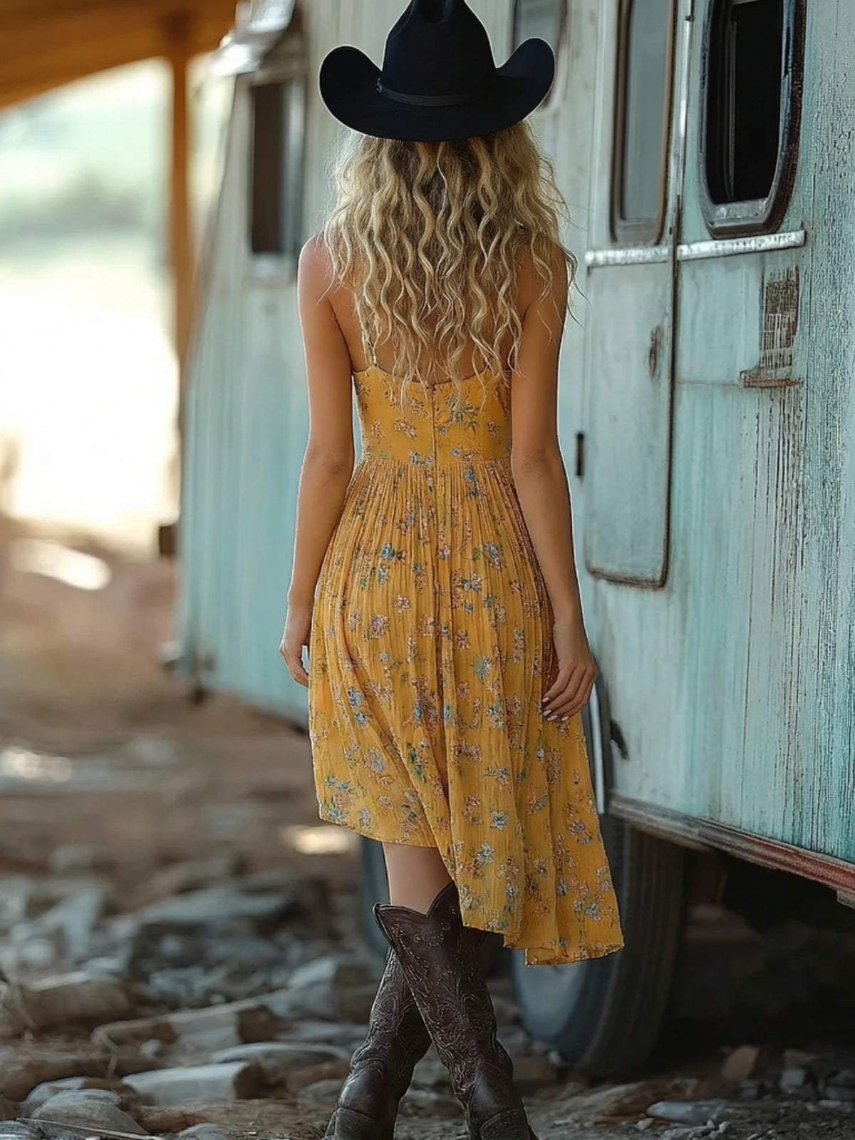 Women V Neck Sleeveless Floral Midi Dress With Asymmetrical Hem