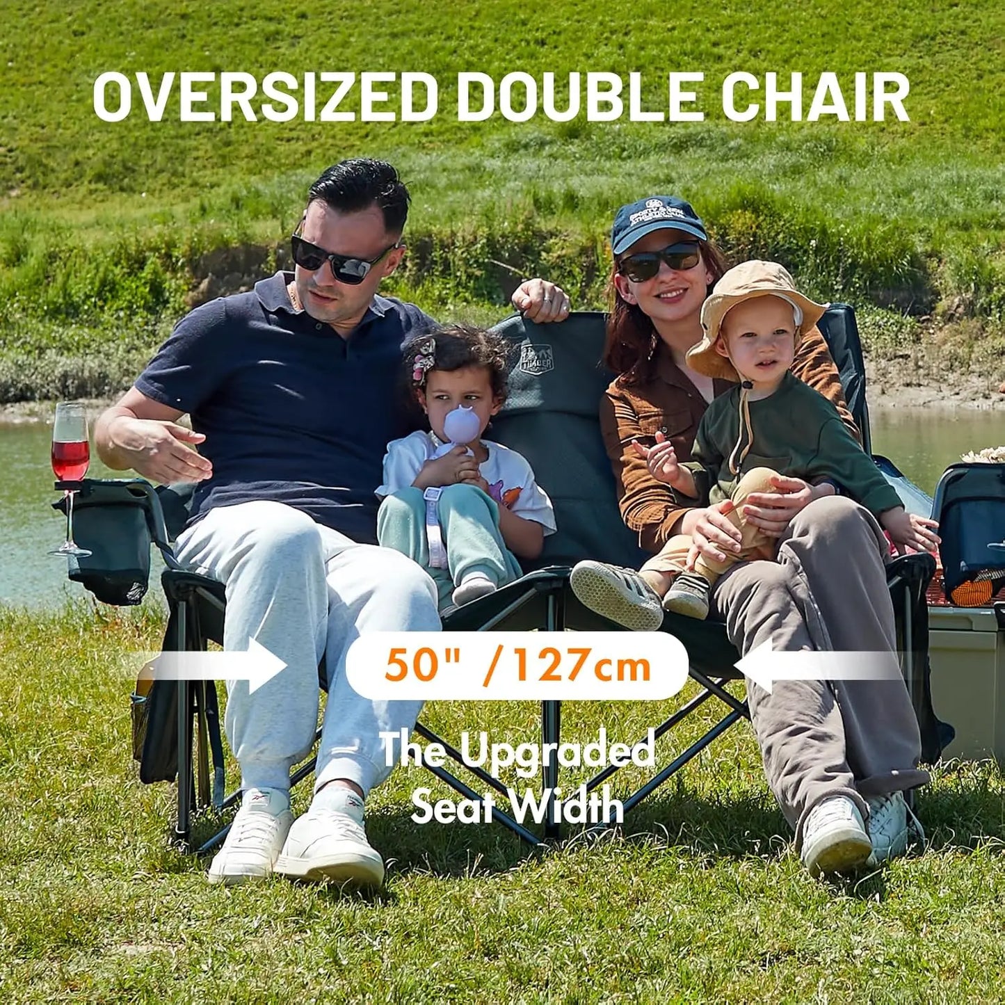 Oversized Double Camping Chair With Wine Glass Holder Supports 600LBS