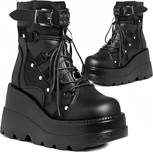 GIGIFOX Womens Goth Cosplay Wedge Combat Ankle Boots